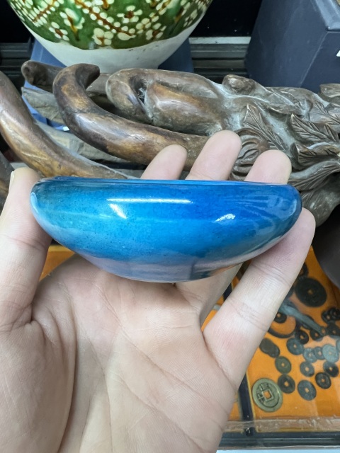 古玩陶瓷單色釉·孔雀藍釉鏜鑼洗拍賣，當前價格5000元