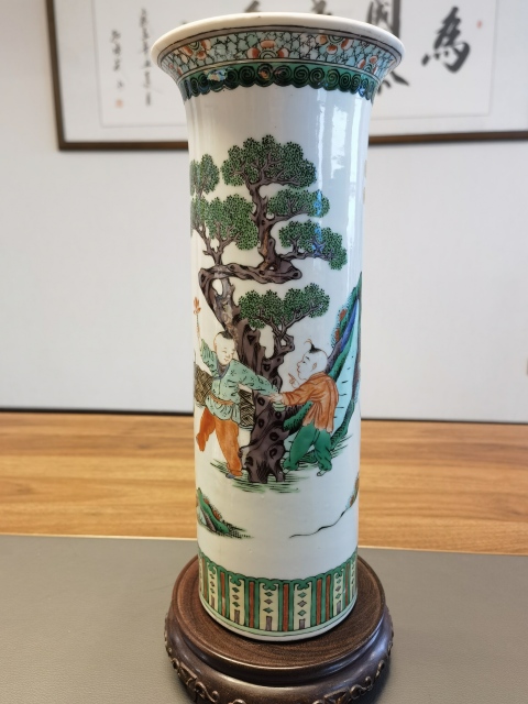 古玩陶瓷精品五彩教子執蓮圖箭筒拍賣，當前價格5500元