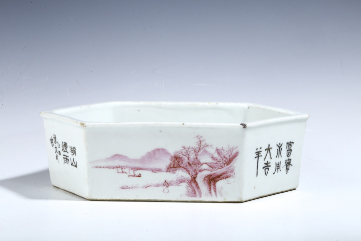 古玩陶瓷民國·胭脂紅粉彩山水花卉紋六方水仙盆拍賣,當前價格3196元