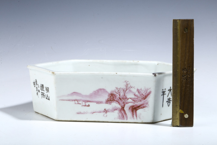 古玩陶瓷民國·胭脂紅粉彩山水花卉紋六方水仙盆拍賣,當前價格3196元