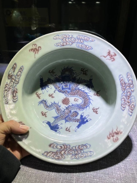 古玩雜項乾隆·青釉青花堆白釉里紅盤龍紋折沿洗拍賣，當前價格75000元