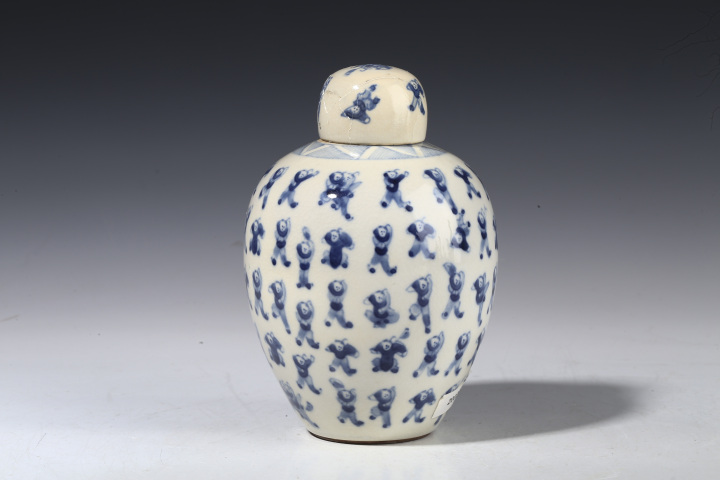 古玩陶瓷清光緒·煨瓷青花百子?jì)霊驁D蓋罐
真品鑒賞圖