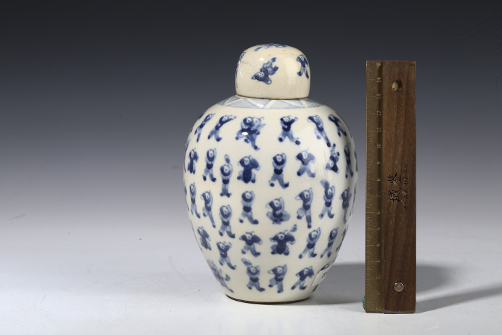 古玩陶瓷清光緒·煨瓷青花百子?jì)霊驁D蓋罐
真品鑒賞圖