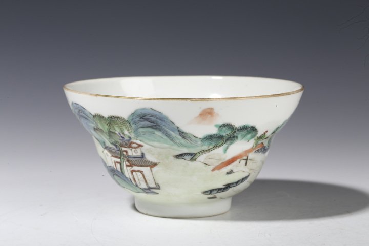 古玩陶瓷道光·粉彩山水人物紋茶碗真品鑒賞圖