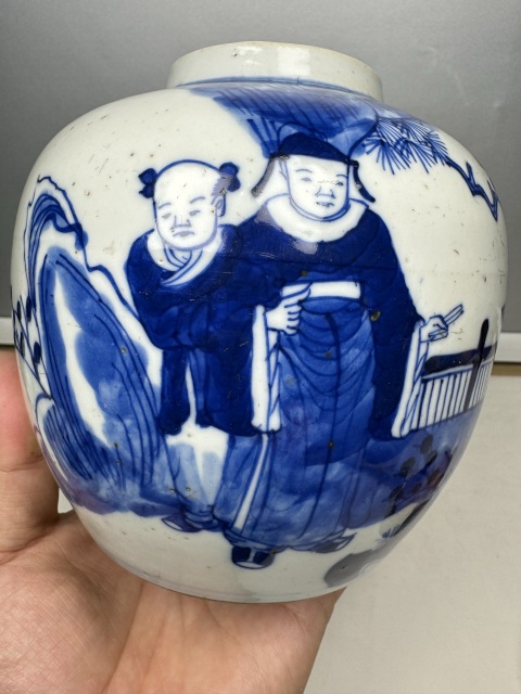 古玩陶瓷晚清攜琴訪友人物紋青花罐拍賣,當前價格2300元