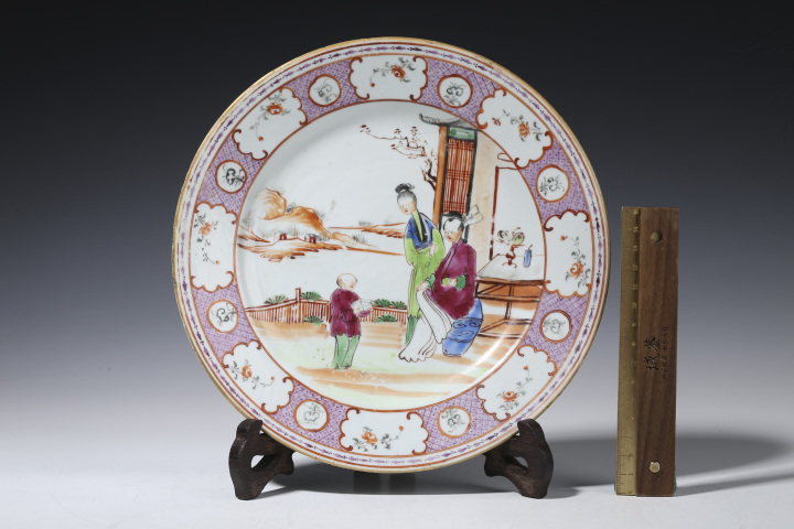 古玩陶瓷清乾隆·廣彩教子圖折沿盤(pán)拍賣(mài)，當(dāng)前價(jià)格474元