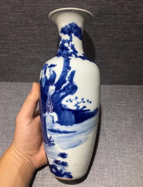 古玩陶瓷清晚期 青花通景大人物仕女嬰戲圖羅漢瓶拍賣,當前價格6500元