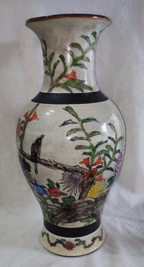 古玩陶瓷哥釉粉彩花鳥紋撇口瓶拍賣，當前價格1168元