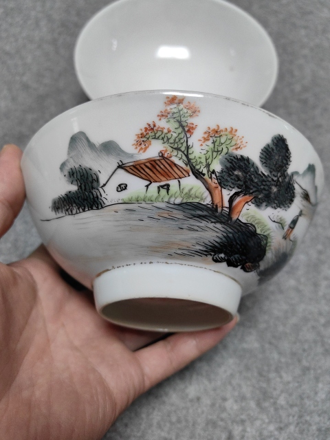 古玩陶瓷山水紋碗一對拍賣，當前價格1500元