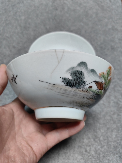 古玩陶瓷山水紋碗一對拍賣，當前價格1500元