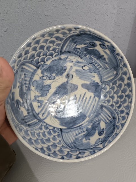 古玩陶瓷明晚期青花鳳朝陽青花盤拍賣，當前價格2100元