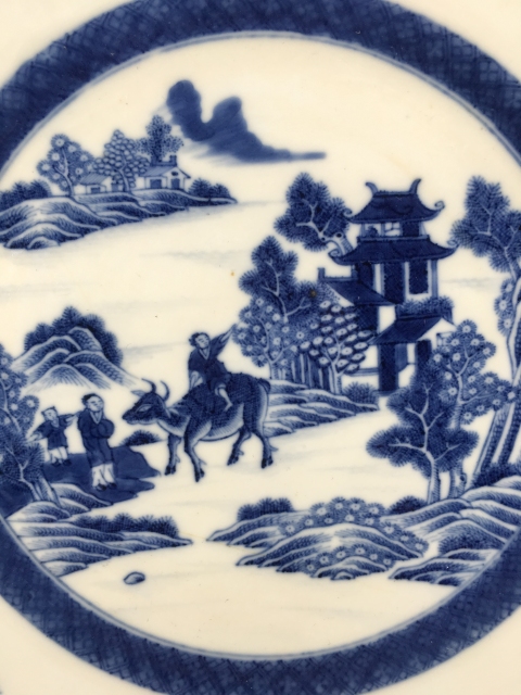 古玩陶瓷乾隆青花亭臺樓閣山水牧童盤拍賣,當前價格1999元