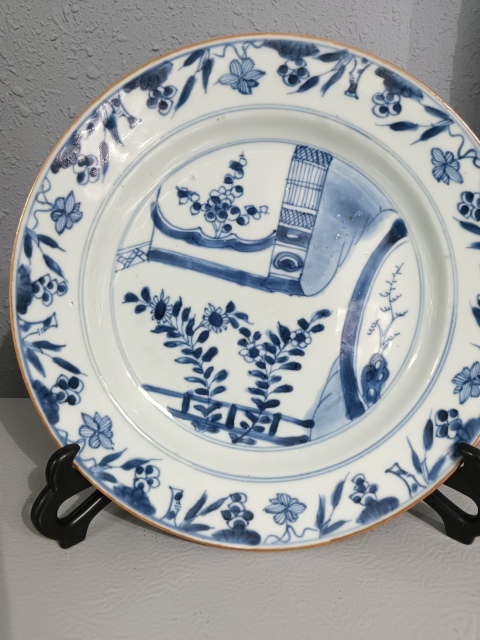 古玩陶瓷清康熙青花庭院花卉盤拍賣，當(dāng)前價(jià)格1980元