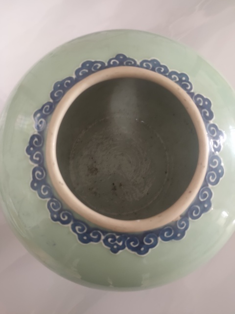 古玩陶瓷豆青釉青花福字紋石榴罐拍賣，當前價格4300元