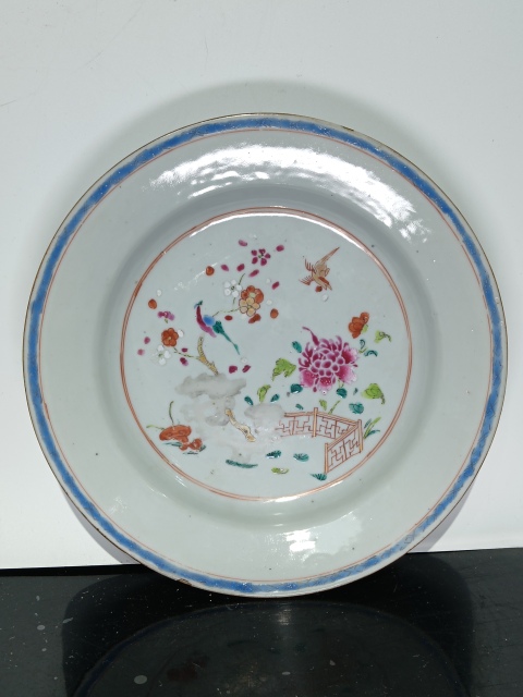 古玩陶瓷清乾隆粉彩庭院花鳥盤拍賣,當前價格1680元