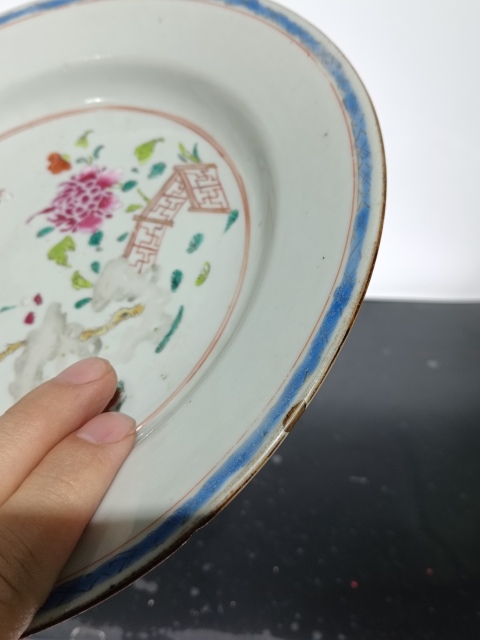 古玩陶瓷清乾隆粉彩庭院花鳥盤拍賣,當前價格1680元