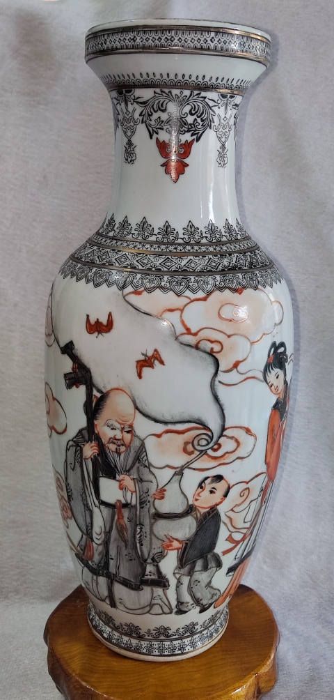 古玩陶瓷墨彩礬紅麻姑獻壽圖撇口瓶拍賣，當前價格1688元