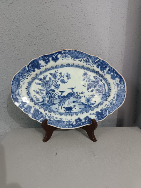 古玩陶瓷清乾隆細(xì)路青花孔雀紋大盤拍賣,當(dāng)前價(jià)格4600元