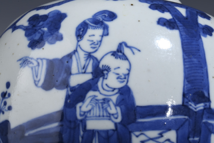 古玩陶瓷晚清·青花庭院仕女嬰戲紋罐拍賣，當前價格1999元