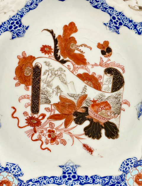 古玩陶瓷雍正粉彩卷中畫風景三多花卉紋折腰盤拍賣，當前價格1880元