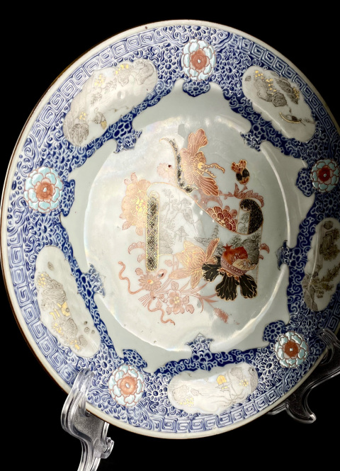 古玩陶瓷雍正粉彩卷中畫風景三多花卉紋折腰盤拍賣，當前價格1880元