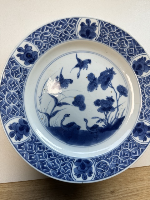 古玩陶瓷康熙·青花飛鳴食宿圖折沿盤拍賣，當前價格1800元