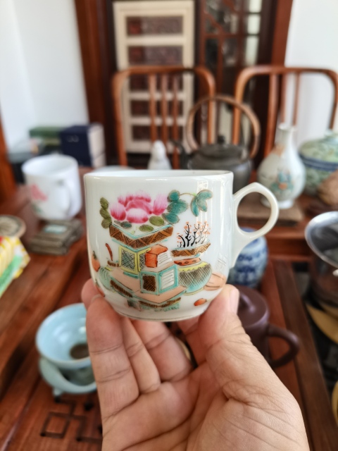 古玩陶瓷粉彩博古圖茶杯拍賣,當前價格800元