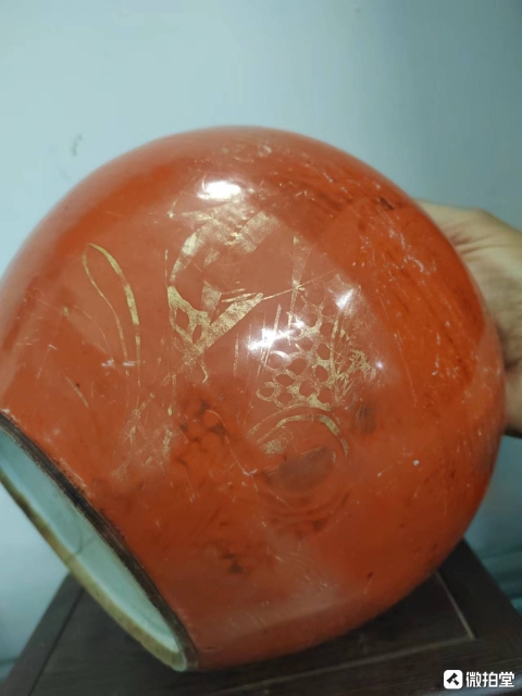 古玩陶瓷【望月樓】晚清紅釉描金西瓜罐拍賣，當(dāng)前價(jià)格288元