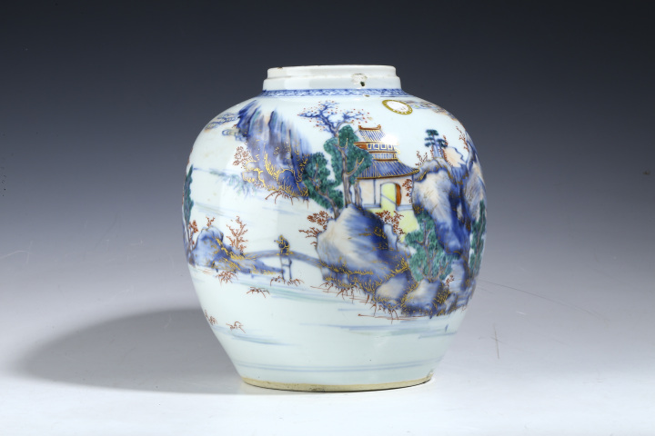 古玩陶瓷清雍乾·青花加彩山水人物紋罐拍賣(mài)，當(dāng)前價(jià)格2716元