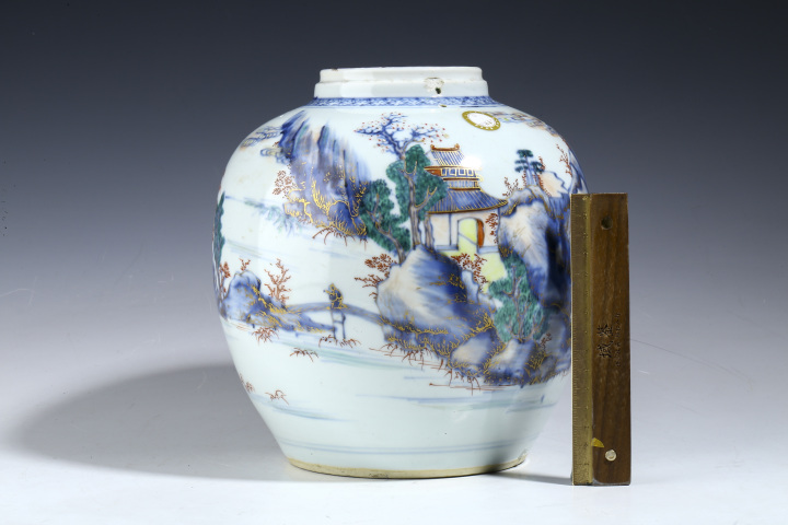 古玩陶瓷清雍乾·青花加彩山水人物紋罐拍賣(mài)，當(dāng)前價(jià)格2716元