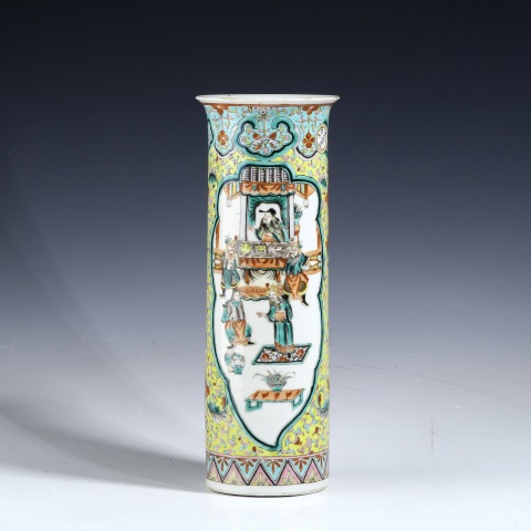 古玩陶瓷晚清·黃地粉彩開窗五彩“出將入相”人物故事紋花觚箭筒拍賣，當前價格6200元