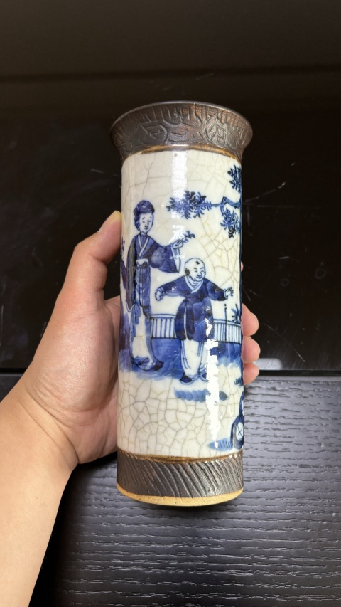 古玩陶瓷哥釉地鐵銹釉青花花觚拍賣，當前價格1800元