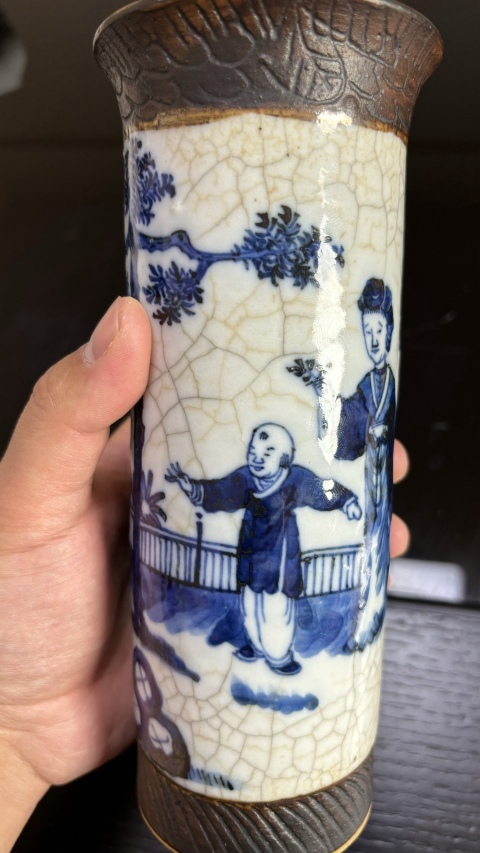 古玩陶瓷哥釉地鐵銹釉青花花觚拍賣，當前價格1800元