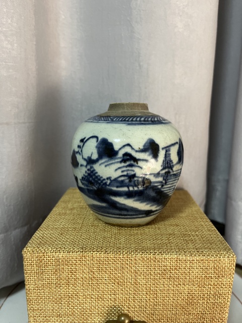 古玩陶瓷乾隆青花山水人物紋蓋罐拍賣，當前價格980元