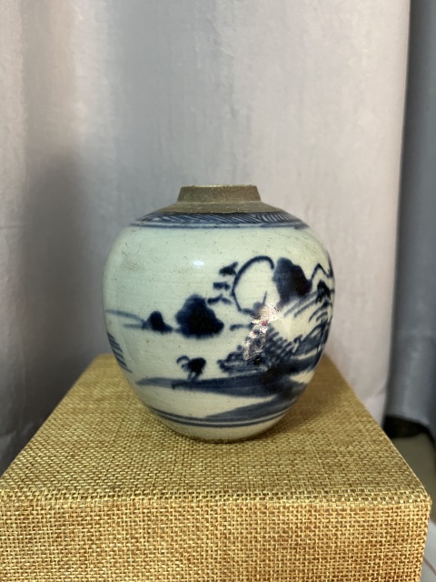 古玩陶瓷乾隆青花山水人物紋蓋罐拍賣，當前價格980元