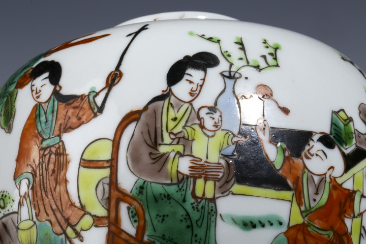 古玩陶瓷五彩三娘教子紋蓋罐拍賣，當前價格1588元