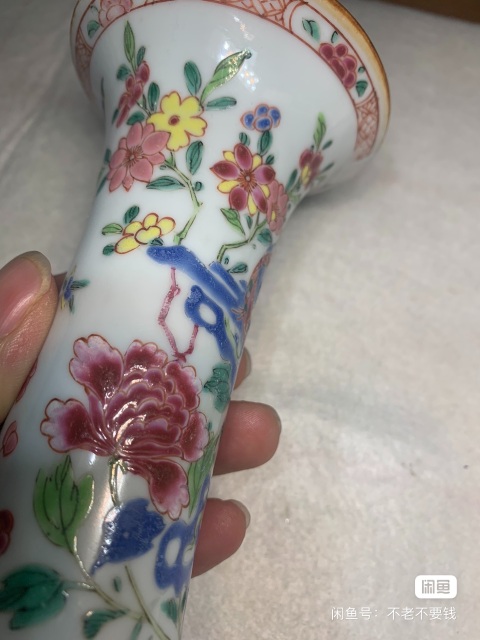 古玩陶瓷粉彩花鳥(niǎo)紋束腰花觚拍賣(mài)，當(dāng)前價(jià)格1380元