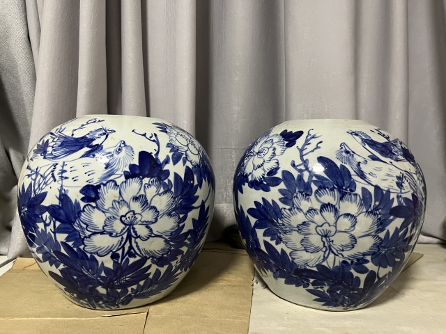 古玩陶瓷民國花鳥紋西瓜罐一對拍賣,當前價格3500元