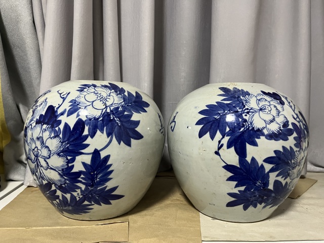 古玩陶瓷民國花鳥紋西瓜罐一對拍賣,當前價格3500元