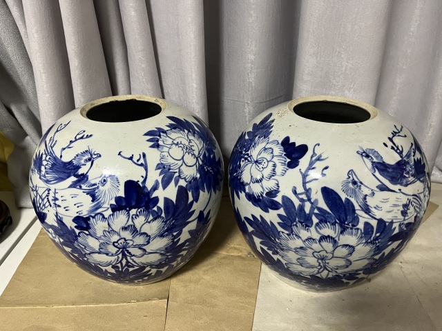 古玩陶瓷民國花鳥紋西瓜罐一對拍賣,當前價格3500元