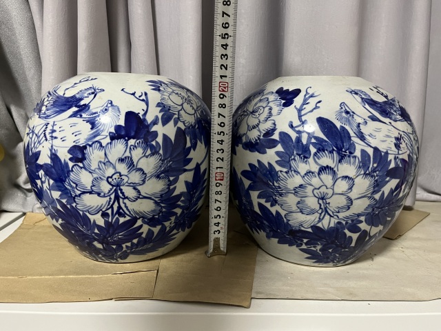 古玩陶瓷民國花鳥紋西瓜罐一對拍賣,當前價格3500元