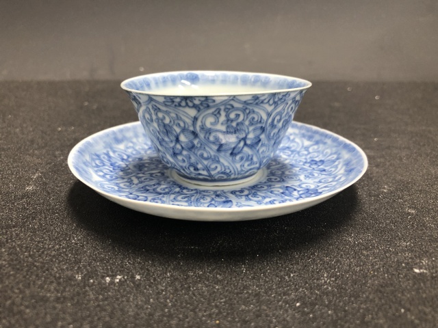 古玩陶瓷清康熙·青花輕描淡寫荷花杯碟套拍賣，當前價格3000元