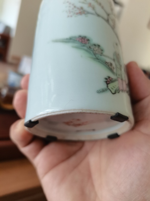 古玩陶瓷粉彩桃花美女詩文筆筒拍賣，當前價格2300元