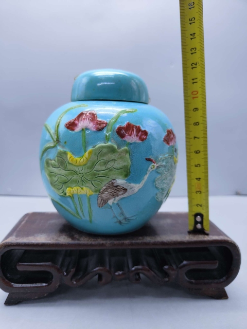 古玩陶瓷松石綠地粉彩一鴛蓮升圖紋罐拍賣，當前價格666元