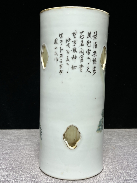 古玩陶瓷精品淺絳～晚清大名頭鄭鳳山淺降彩帽筒拍賣，當前價格8500元