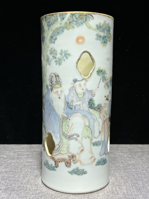 古玩陶瓷精品淺絳～晚清大名頭鄭鳳山淺降彩帽筒拍賣，當前價格8500元