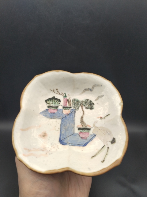 古玩陶瓷粉彩松鶴圖供盤拍賣,當前價格980元