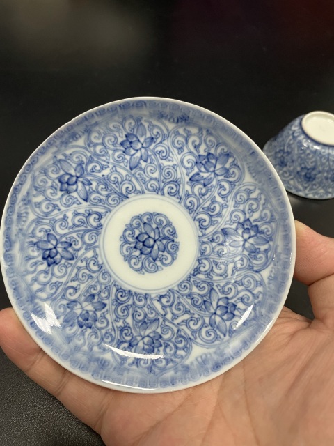 古玩陶瓷清康熙·青花輕描淡寫荷花杯碟套拍賣，當前價格3000元