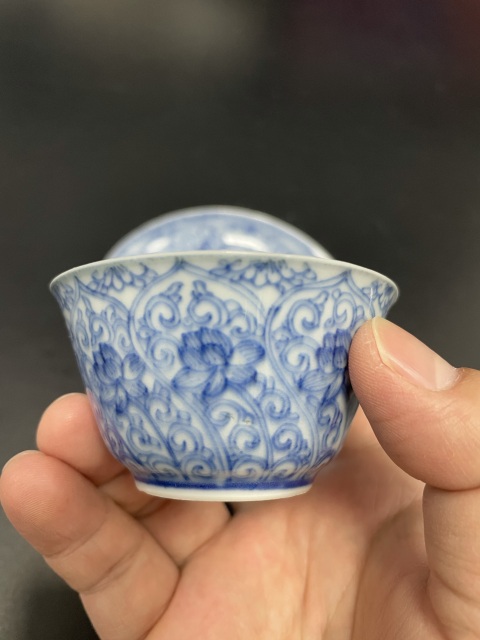 古玩陶瓷清康熙·青花輕描淡寫荷花杯碟套拍賣，當前價格3000元