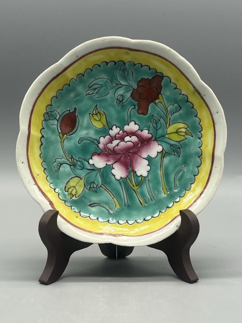 古玩陶瓷清同治松石綠釉一品富貴海棠盤拍賣,當前價格600元